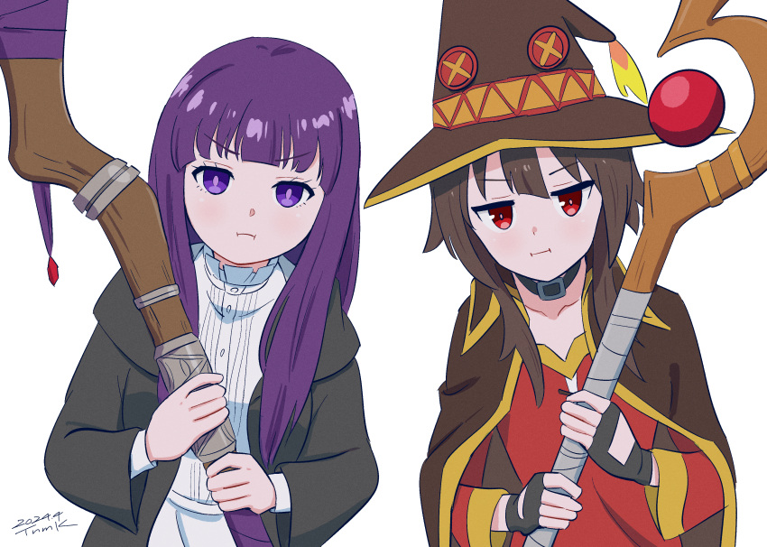 2girls :i absurdres black_coat black_gloves blunt_bangs brown_cape brown_hair button_eyes buttons cape coat commentary_request dated dress fern_(sousou_no_frieren) fingerless_gloves gloves hat highres holding holding_staff kono_subarashii_sekai_ni_shukufuku_wo! long_sleeves looking_at_viewer mage_staff megumin multiple_girls open_clothes open_coat pout purple_hair red_dress red_eyes signature sousou_no_frieren staff trait_connection tsunemoku upper_body violet_eyes white_background white_dress witch witch_hat