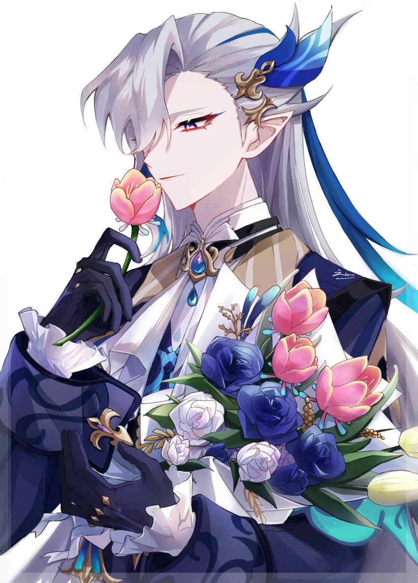 1boy ascot asymmetrical_bangs blue_coat blue_eyeliner blue_flower blue_gemstone blue_gloves blue_hair blue_rose border bouquet brooch closed_mouth coat commentary_request ego_(ego_inp) eyeliner flower frilled_sleeves frills gem genshin_impact gloves hair_between_eyes hair_ornament hand_up highres holding holding_bouquet holding_flower jewelry long_hair long_sleeves looking_down makeup male_focus multicolored_hair neuvillette_(genshin_impact) parted_bangs pink_flower pointy_ears rainbow_rose_(genshin_impact) rose simple_background sleeve_cuffs smelling_flower smile solo streaked_hair transparent_border upper_body violet_eyes white_ascot white_background white_flower white_hair white_rose