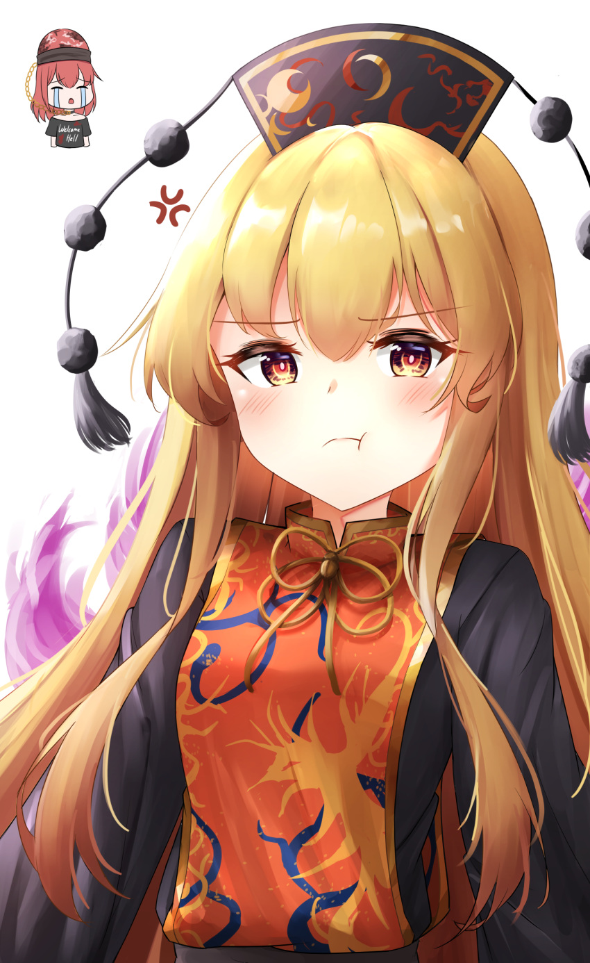2girls aged_down anger_vein black_dress black_shirt blonde_hair blush chain chinese_clothes closed_mouth clothes_writing commentary crescent crescent_print crying dress gold_chain hat hecatia_lapislazuli highres junko_(touhou) kuneamorai long_hair long_sleeves looking_at_viewer multicolored_clothes multiple_girls off-shoulder_shirt off_shoulder phoenix_crown phoenix_print pout print_headwear red_tabard redhead shirt short_sleeves streaming_tears t-shirt tabard tears touhou underworld_(ornament) very_long_hair