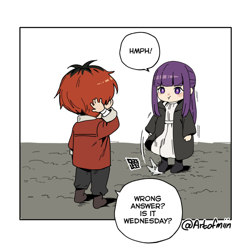 1boy 1girl annoyed arm_behind_head artofmiin black_pants black_robe dress english_commentary english_text fern_(sousou_no_frieren) highres long_hair long_sleeves looking_at_another pants pout purple_hair redhead robe shirt short_hair sousou_no_frieren speech_bubble standing stark_(sousou_no_frieren) stomping talking violet_eyes white_dress