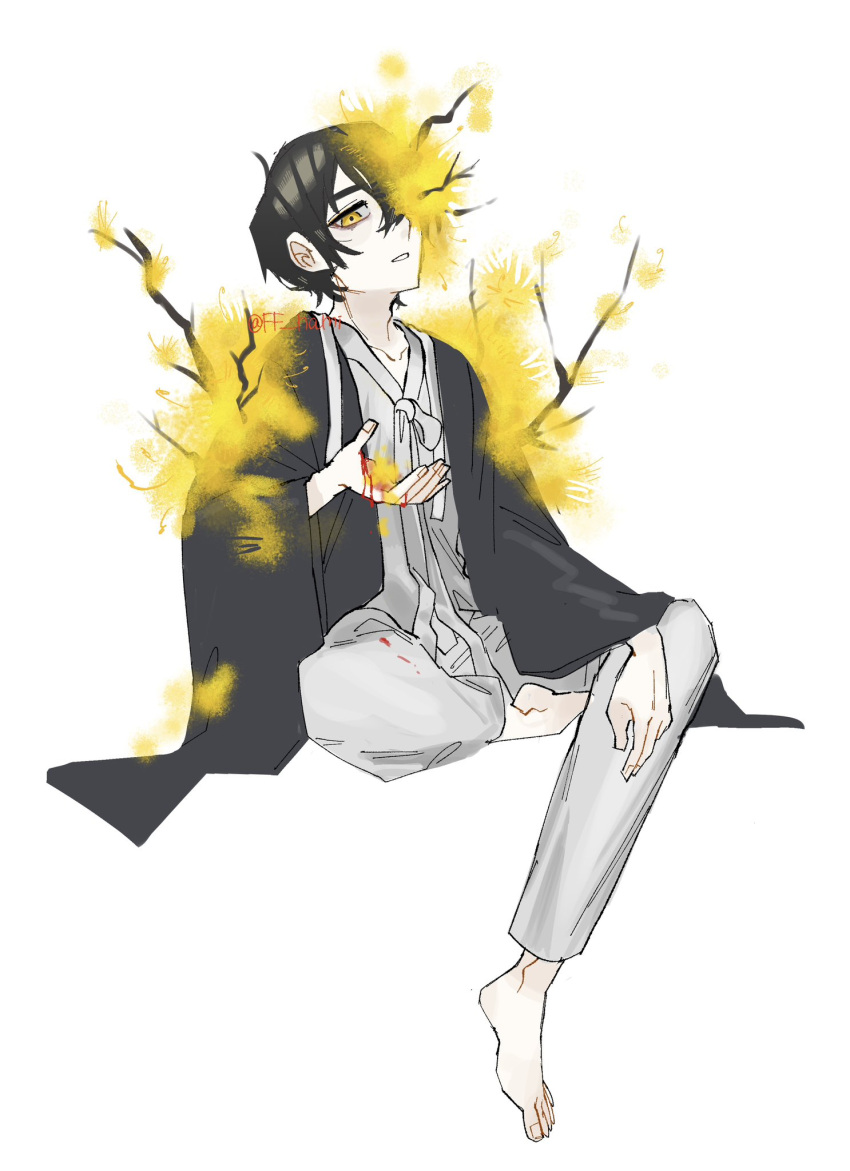 1boy barefoot black_coat black_hair branch coat e.g.o_(project_moon) ff_nami flower hand_up highres limbus_company long_sleeves looking_at_viewer male_focus pants parted_lips project_moon solo white_hanbok white_pants wide_sleeves yellow_eyes yellow_flower yi_sang_(project_moon)