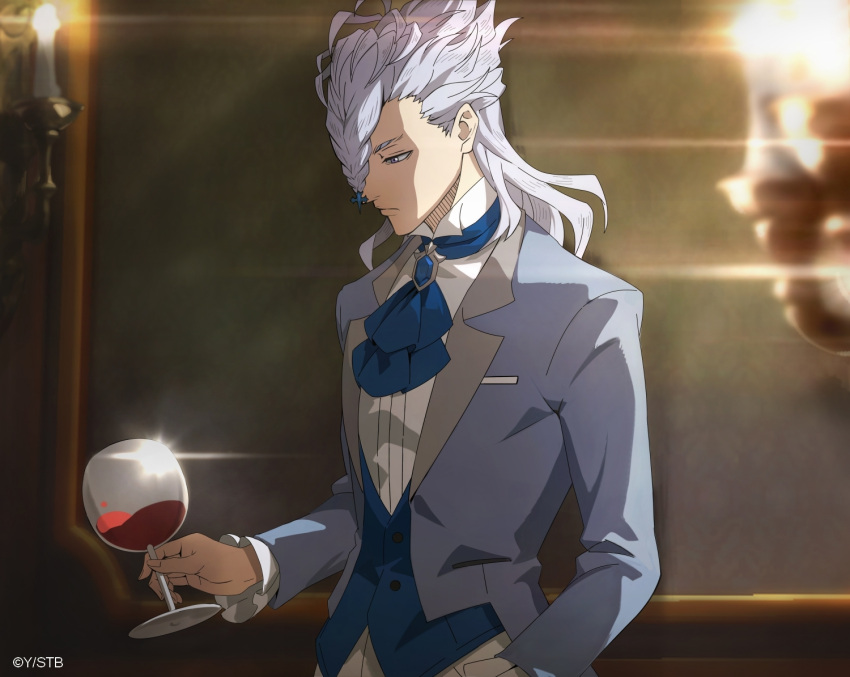 1boy ascot black_clover black_clover_m:_rise_of_the_wizard_king blue_ascot blue_vest braid collared_shirt cup drinking_glass grey_hair grey_jacket hair_between_eyes holding holding_cup indoors jacket looking_at_object medium_hair nozel_silva official_alternate_costume official_art open_clothes open_jacket shirt solo vest violet_eyes white_shirt wine_glass