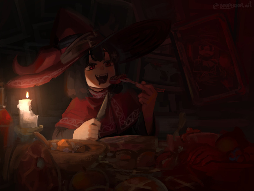 1girl :d black_hair bowl candle commentary dark drooling eating english_commentary fangs feast food fork hat hat_belt highres holding holding_fork holding_knife knife large_hat meat original painting_(object) poncho red_eyes red_poncho short_hair smile souperior twitter_username witch_hat