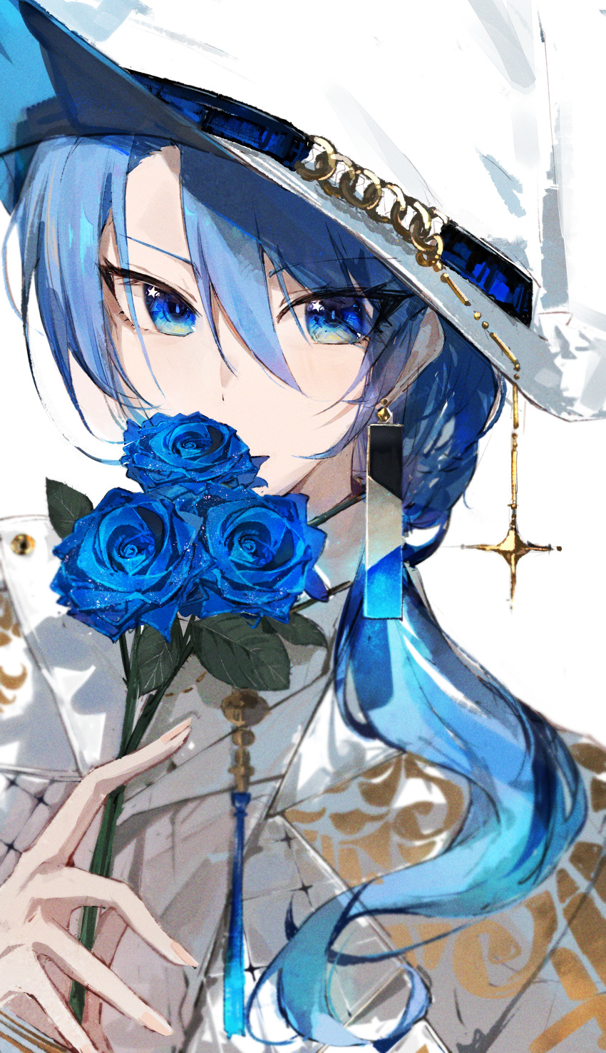 1girl absurdres blue_eyes blue_flower blue_hair blue_rose coat earrings fedora flower hair_between_eyes hair_over_shoulder hat hat_chain highres holding holding_flower hololive hoshimachi_suisei hoshimachi_suisei_(8th_costume) jewelry long_hair long_sleeves looking_at_viewer official_alternate_costume rose solo star_(symbol) virgo76612871 virtual_youtuber white_hat