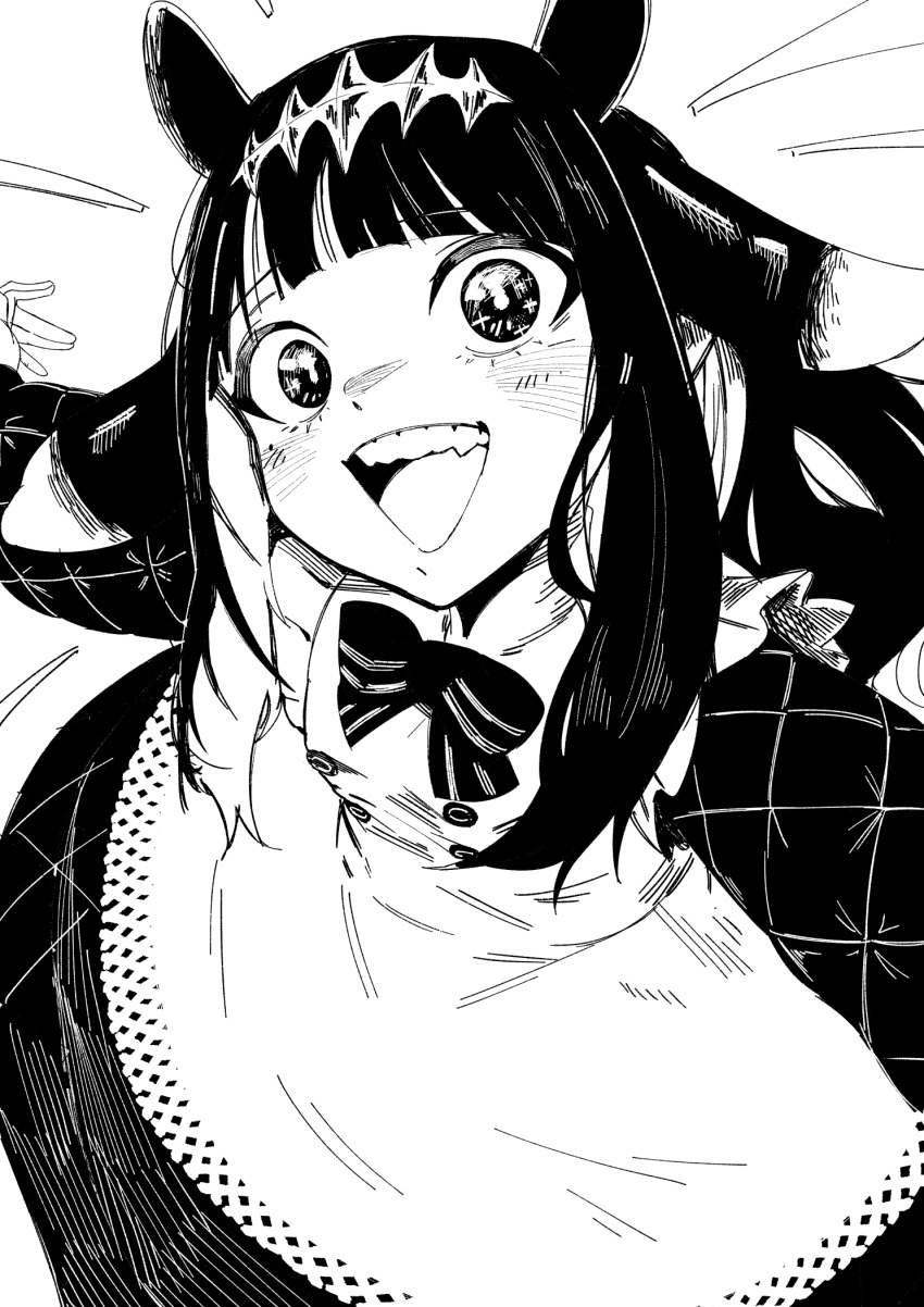 1girl animal_ears apron blunt_bangs blush commentary dress fang foreshortening frilled_apron frills from_above gloves greyscale hair_flaps highres hololive hololive_english long_dress long_hair long_sleeves looking_at_viewer mole mole_under_eye monochrome ninomae_ina'nis ninomae_ina'nis_(pastry_chef) official_alternate_costume official_alternate_hairstyle open_mouth perspective quilted_clothes shippi sidelocks solo tentacle_hair virtual_youtuber