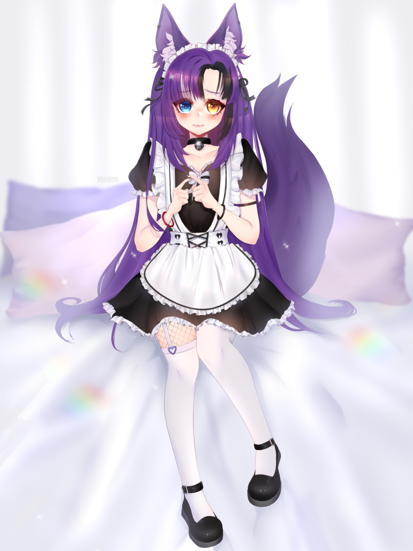 1girl absurdres animal_ear_fluff animal_ears artist_name awful_queen_(vtuber) bell blush fox_ears fox_girl fox_tail heterochromia highres indie_virtual_youtuber looking_at_viewer maid maid_headdress monster_girl neck_bell on_bed pillow sixteen_moons tail thigh-highs
