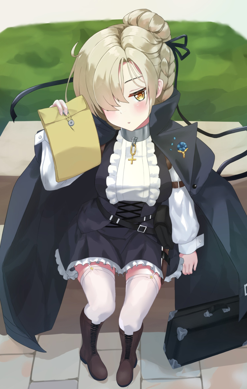 1girl azur_lane belt_pouch black_cloak black_dress blonde_hair blush boots braid breasts briefcase center_frills cloak corset cross-laced_clothes cross-laced_corset cross-laced_footwear cross_ornament dagger dress frilled_dress frills from_above full_body garter_straps hair_over_one_eye half-closed_eye hand_up high_heel_boots high_heels highres holding holding_letter knee_boots knife letter light_smile long_hair long_sleeves looking_at_viewer looking_up medium_breasts medium_hair on_bench outdoors pittopanikku pouch sheffield_(azur_lane) sheffield_(cloak_and_dagger)_(azur_lane) sitting sleeve_cuffs smug solo thigh-highs weapon yellow_eyes
