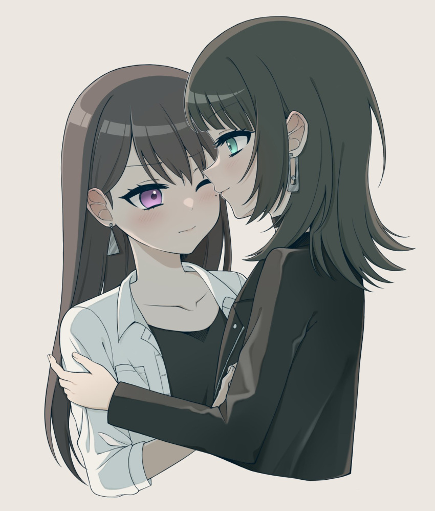 2girls aqua_eyes bang_dream! bang_dream!_it's_mygo!!!!! black_choker black_hair black_jacket black_shirt blush breast_pocket brown_hair chinese_commentary choker closed_mouth collarbone commentary_request cropped_torso earrings grey_background hand_on_another's_arm highres jacket jewelry long_hair long_sleeves mole mole_under_eye multiple_girls one_eye_closed open_clothes open_shirt pocket shiina_taki shirt simple_background smile upper_body violet_eyes white_shirt yahata_umiri yuri zizoumiao