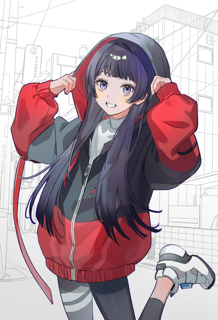 1girl absurdres black_hair black_jacket black_leggings blush building commentary_request cowboy_shot grin hair_over_shoulder highres hood hood_grab hood_up hooded_jacket jacket kitou_saji leggings long_hair long_sleeves looking_at_viewer monochrome_background multicolored_clothes multicolored_jacket nijisanji outdoors partially_colored partially_unzipped power_lines puffy_long_sleeves puffy_sleeves red_jacket shirt shoes smile sneakers solo standing standing_on_one_leg town tsukino_mito tsukino_mito_(19th_costume) turtleneck turtleneck_shirt two-tone_jacket urban utility_pole violet_eyes virtual_youtuber white_background white_footwear white_shirt