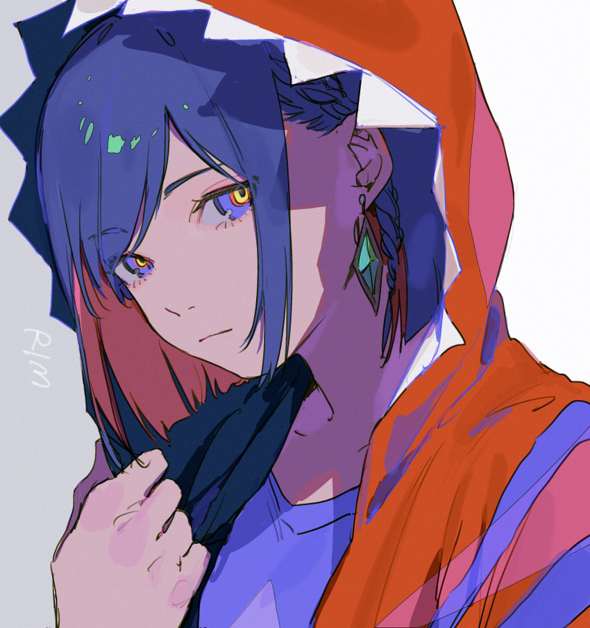 1girl blue_eyes blue_hair blue_shirt braid colored_inner_hair diamond_earrings earrings expressionless from_side hand_up highres holding_hoodie hood hood_up hooded_jacket hoodie jacket jewelry kamitsubaki_studio looking_at_viewer multicolored_clothes multicolored_eyes multicolored_hair multicolored_hoodie multicolored_jacket red_eyes red_jacket redhead rim_(kamitsubaki_studio) shirt side_braid simple_background solo suemare1 upper_body virtual_youtuber white_background yellow_pupils