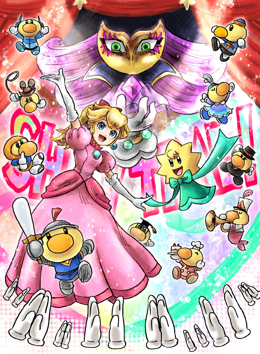 blonde_hair blue_eyes cake chef_hat colored_skin cowboy_hat disembodied_limb dress earrings food glasses gloves green_eyes hat highres holding holding_sword holding_weapon ice_skates instrument jewelry kicdon mortarboard pink_dress princess_peach princess_peach:_showtime! puffy_sleeves purple_hair skates solid_oval_eyes stella_(peach) super_mario_bros. sword theet_(peach) trumpet weapon white_gloves yellow_skin