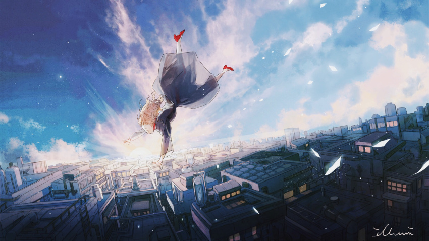 1girl artist_name black_dress blonde_hair building city clouds cloudy_sky day dress falling highres illumi999 long_hair looking_down original outdoors red_footwear scenery sky solo sunlight sunrise