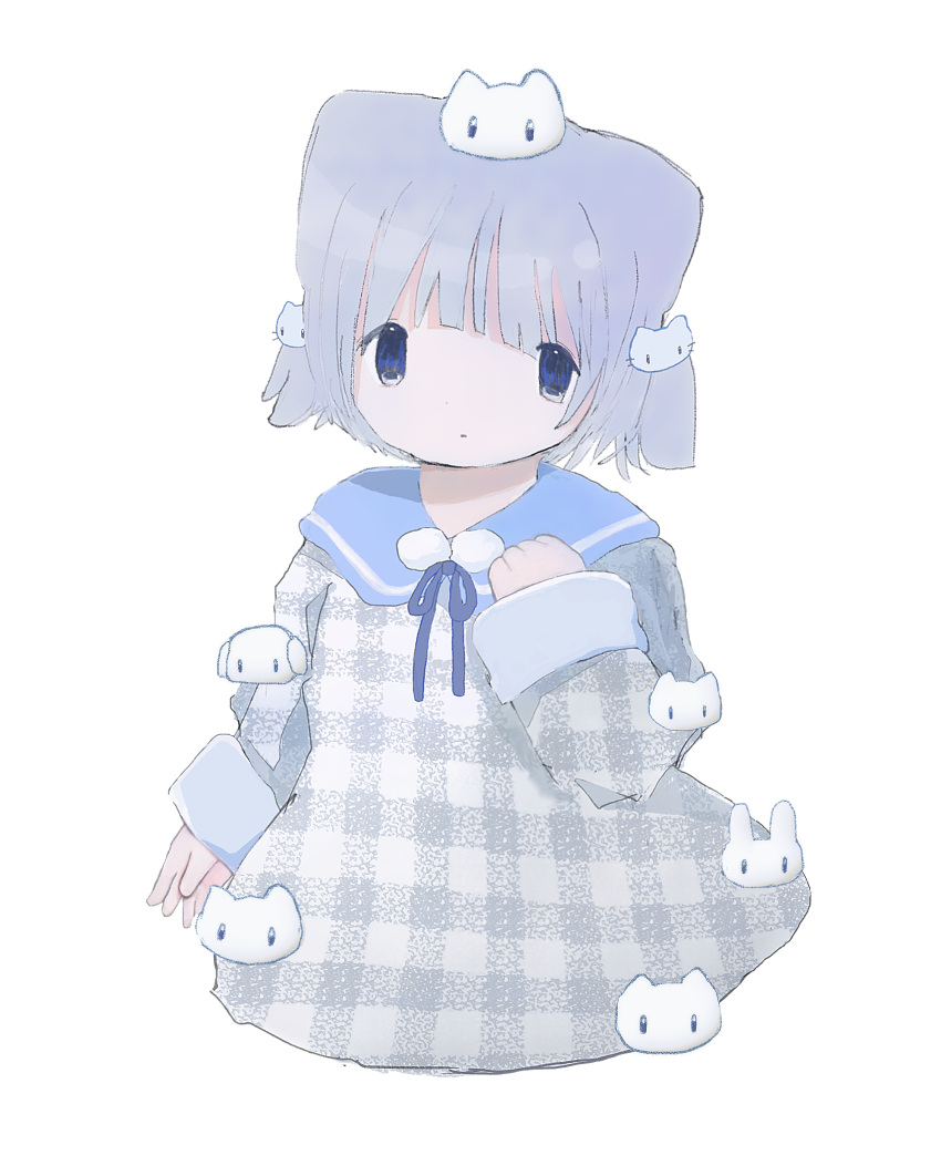 1girl absurdres arm_at_side blue_eyes blue_ribbon cat_ornament clenched_hand cropped_torso grey_hair highres ilcfq long_sleeves looking_at_viewer moqneko_(brand) no_nose plaid plaid_shirt rabbit_ornament ribbon sailor_collar shirt short_hair simple_background sleeves_past_wrists solo tears transparent_background
