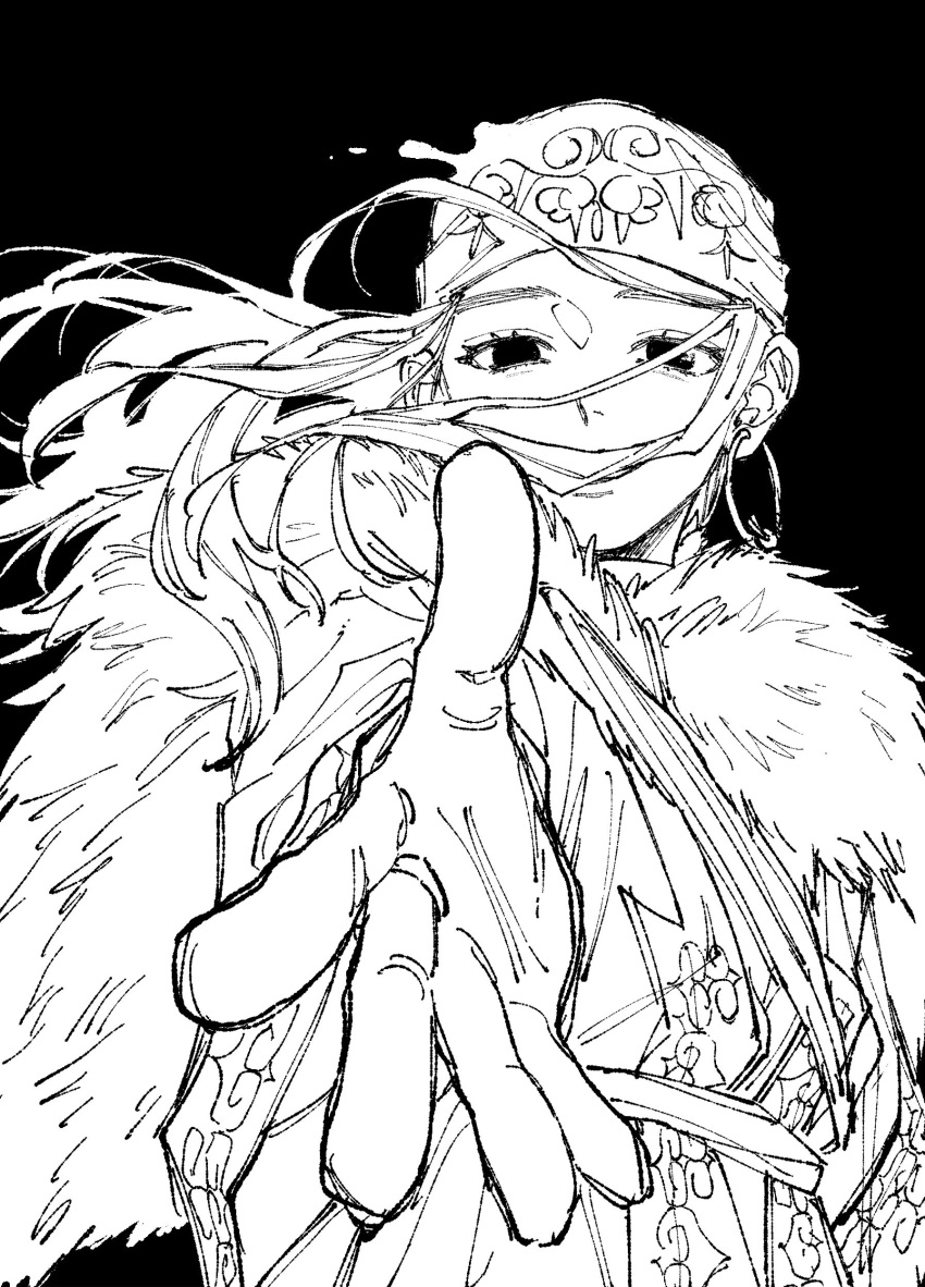 1girl absurdres ainu ainu_clothes asirpa cloak covered_mouth earrings floating_hair from_below fur_cloak golden_kamuy greyscale headband highres hoop_earrings jewelry kome_uo long_hair looking_at_viewer monochrome reaching reaching_towards_viewer simple_background solo upper_body