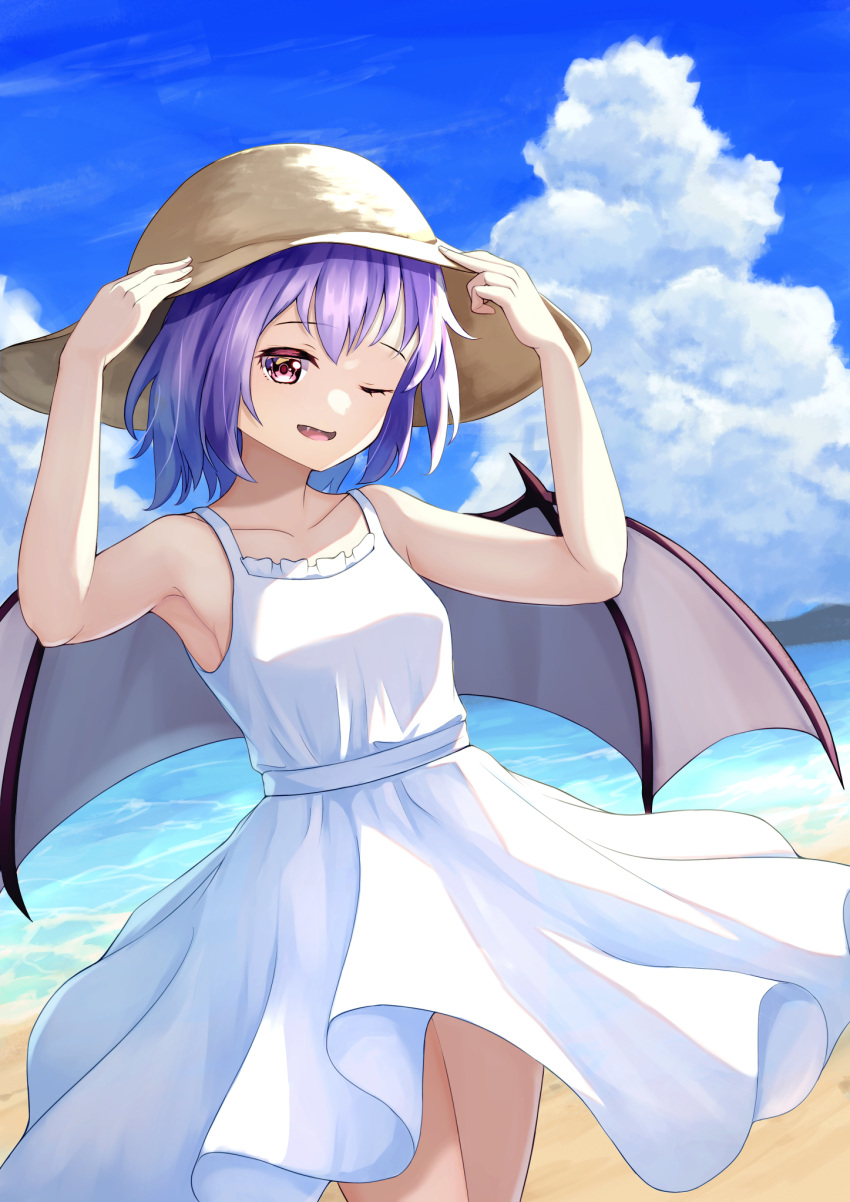 1girl alternate_costume alternate_headwear armpits bat_wings beach blue_sky brown_hat clouds commentary day dress fang hat highres looking_at_viewer ocean open_mouth purple_hair remilia_scarlet sky solo touhou urochii_(ju2ti6jgpt) white_dress wings