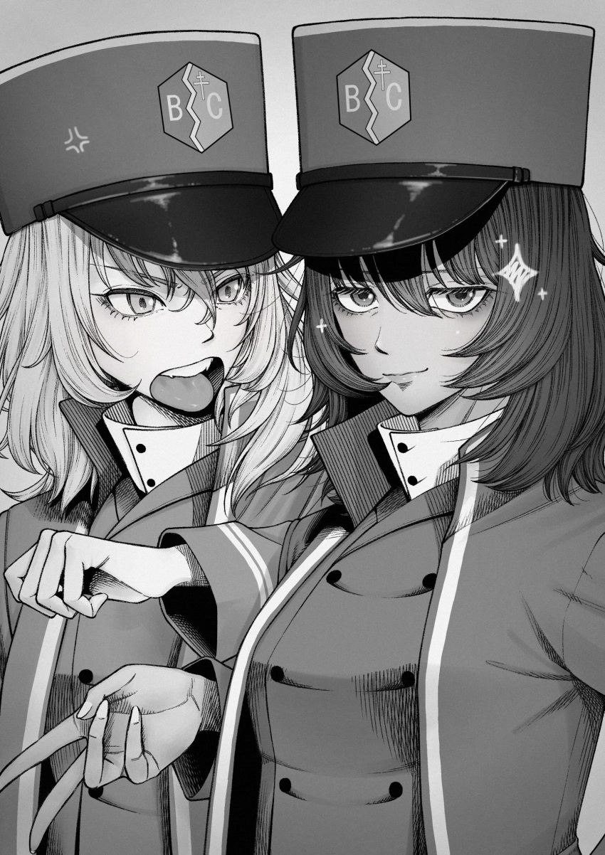 2girls absurdres andou_(girls_und_panzer) anger_vein bc_freedom_military_uniform buchisakana commentary_request girls_und_panzer greyscale hat highres jacket long_hair long_sleeves looking_at_another looking_at_viewer monochrome multiple_girls open_clothes open_jacket open_mouth oshida_(girls_und_panzer) shirt smile sparkle upper_body v