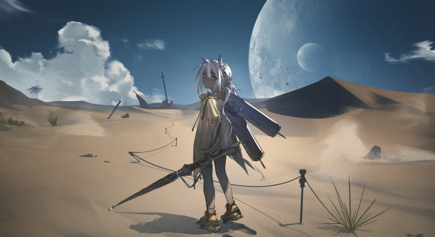 1girl animal_ears arknights blue_sky camel_ears camel_girl camel_tail closed_umbrella clouds coat commentary dark-skinned_female dark_skin english_commentary full_body grey_eyes highres holding holding_umbrella kai23506412 looking_at_viewer looking_back moon multiple_moons orange_footwear oxygen_tank sand_dune shoes sky sneakers solo tuye_(arknights) umbrella utility_pole white_hair yellow_coat