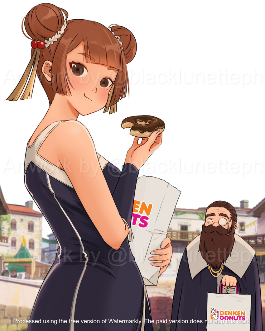 1boy 1girl 2girls :t arm_warmers beard black_dress black_lunette black_robe blunt_bangs brown_eyes brown_hair city closed_mouth collar commentary commission denken_(sousou_no_frieren) double_bun doughnut dress dunkin'_donuts eating english_commentary facial_hair food grey_sky hair_bun highres holding holding_food laufen_(sousou_no_frieren) long_beard looking_at_viewer looking_to_the_side medium_bangs monocle multiple_girls old old_man outdoors robe second-party_source sky sleeveless sleeveless_dress sousou_no_frieren upper_body watermark white_collar