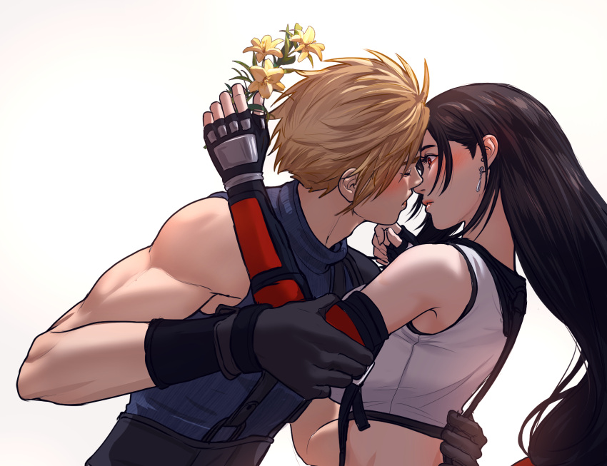 1boy 1girl armor bare_shoulders black_gloves black_hair black_sports_bra blonde_hair blue_sweater blush closed_mouth cloud_strife commentary couple crop_top earrings english_commentary facing_another final_fantasy final_fantasy_vii final_fantasy_vii_rebirth final_fantasy_vii_remake fingerless_gloves flower from_side gloves hand_on_another's_back highres holding holding_another's_arm holding_flower imminent_kiss jewelry long_hair looking_at_viewer muscular muscular_male nosleeparewe profile red_eyes short_hair shoulder_armor single_bare_shoulder single_earring sleeveless sleeveless_turtleneck spiky_hair sports_bra suspenders sweater tank_top tifa_lockhart turtleneck turtleneck_sweater upper_body white_background white_tank_top yellow_flower