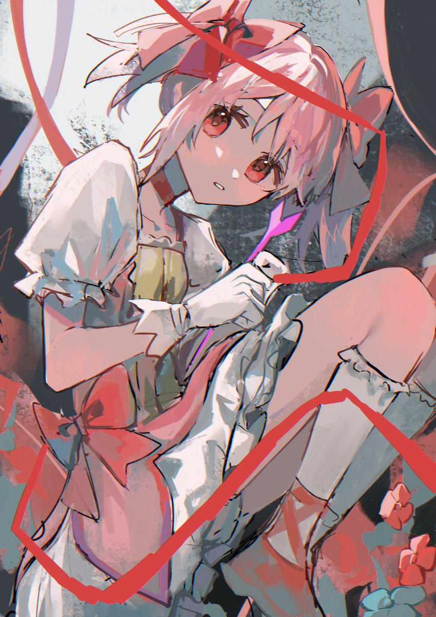 1girl choker dress eyelashes fetal_position flower frilled_dress frills from_side full_body gloves hair_between_eyes highres holding kaname_madoka knees_up looking_at_viewer magical_girl mahou_shoujo_madoka_magica mahou_shoujo_madoka_magica_(anime) nidu_(2du_du) parted_lips pink_flower puffy_sleeves red_ribbon ribbon short_hair short_twintails sitting sketch socks solo twintails white_flower white_gloves white_socks