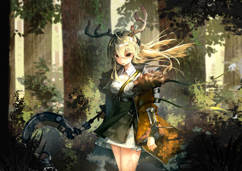 1girl absurdres antlers breasts brown_coat brown_eyes bush coat collared_dress cowboy_shot dress echocalypse forest fur-trimmed_coat fur_trim green_hair green_ribbon green_skirt hair_between_eyes hair_ornament high-waist_skirt highres holding holding_staff horns long_hair long_sleeves looking_at_viewer nature open_mouth outdoors ribbon skirt small_breasts solo staff sui_(echocalypse) tree white_dress