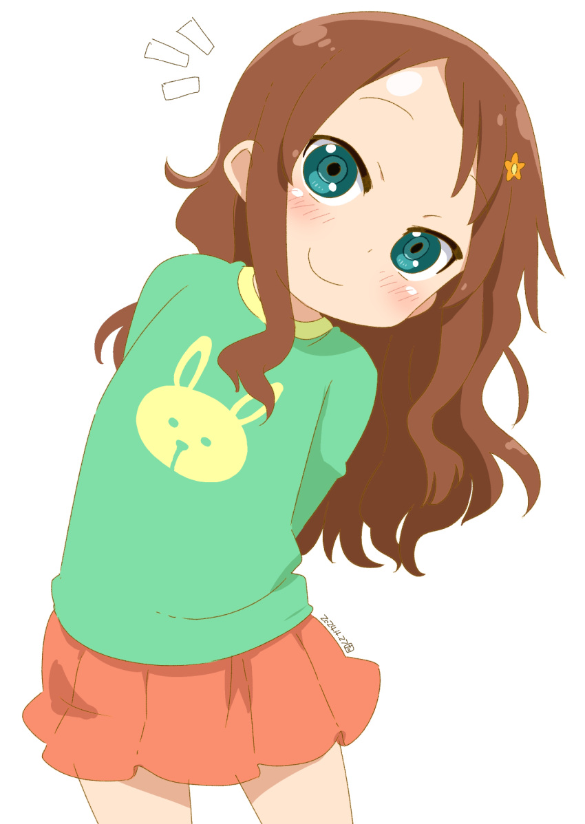 1girl animal_print arms_behind_back blush brown_hair child closed_mouth commentary_request cowboy_shot dated flower green_eyes green_shirt hair_flower hair_ornament highres kobayashi-san_chi_no_maidragon leaning_to_the_side long_hair long_sleeves looking_at_viewer notice_lines orange_flower pleated_skirt rabbit_print red_skirt saikawa_riko samansa_ex shirt skirt smile solo standing white_background