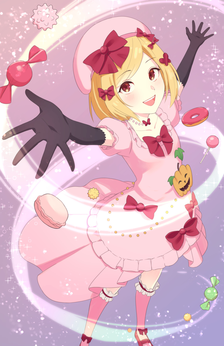 1girl arms_up black_gloves blonde_hair bow candy candy_wrapper character_request commentary_request copyright_request doughnut dress elbow_gloves food footwear_bow full_body gloves gradient_background hair_bow highres lambdadelta lollipop looking_at_viewer nzmtarou open_mouth pink_background pink_dress pink_footwear pink_headwear pink_thighhighs puffy_short_sleeves puffy_sleeves pumpkin purple_background red_bow red_eyes short_hair short_sleeves solo teeth thigh-highs tongue umineko_no_naku_koro_ni upper_teeth_only wrapped_candy