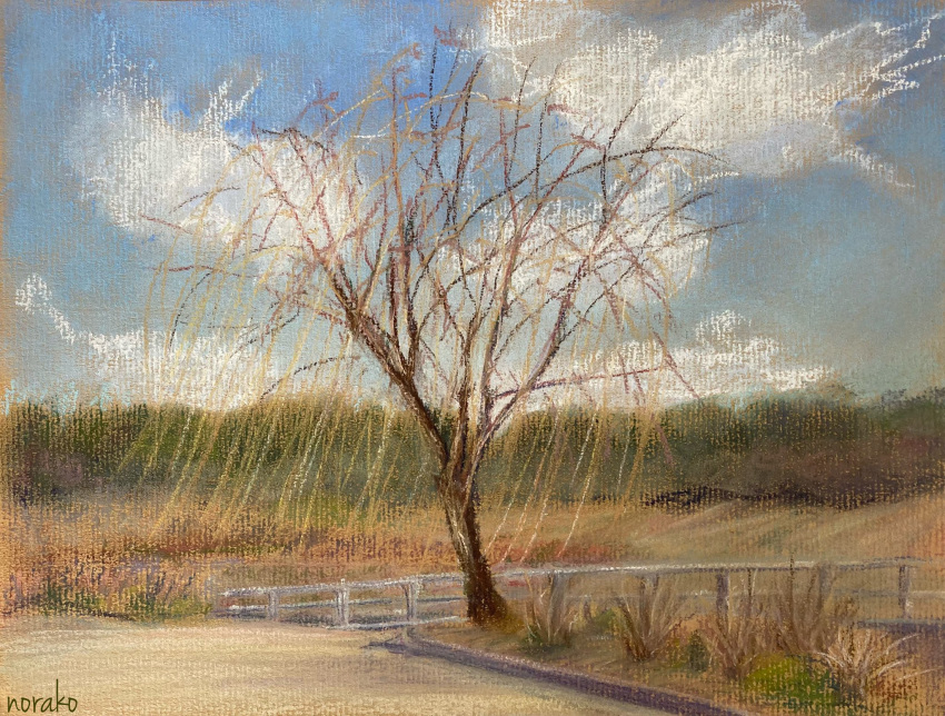 artist_name bare_tree blue_sky bridge clouds cloudy_sky fence fern grass highres no_humans norako_pastel original painting_(medium) path plant signature sky traditional_media tree wooden_fence