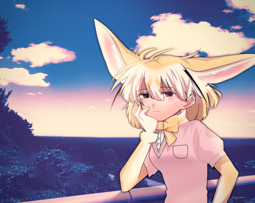 1girl against_railing animal_ear_fluff animal_ears bad_id bad_twitter_id blonde_hair bow bowtie brown_eyes closed_mouth clouds day extra_ears fennec_(kemono_friends) fox_ears hair_between_eyes hand_on_own_cheek hand_on_own_face hand_up highres inactive_account jmeysan kemono_friends looking_at_viewer multicolored_hair outdoors photo_background pink_sweater puffy_short_sleeves puffy_sleeves railing short_hair short_sleeves sky smile solo sweater upper_body white_hair yellow_bow yellow_bowtie