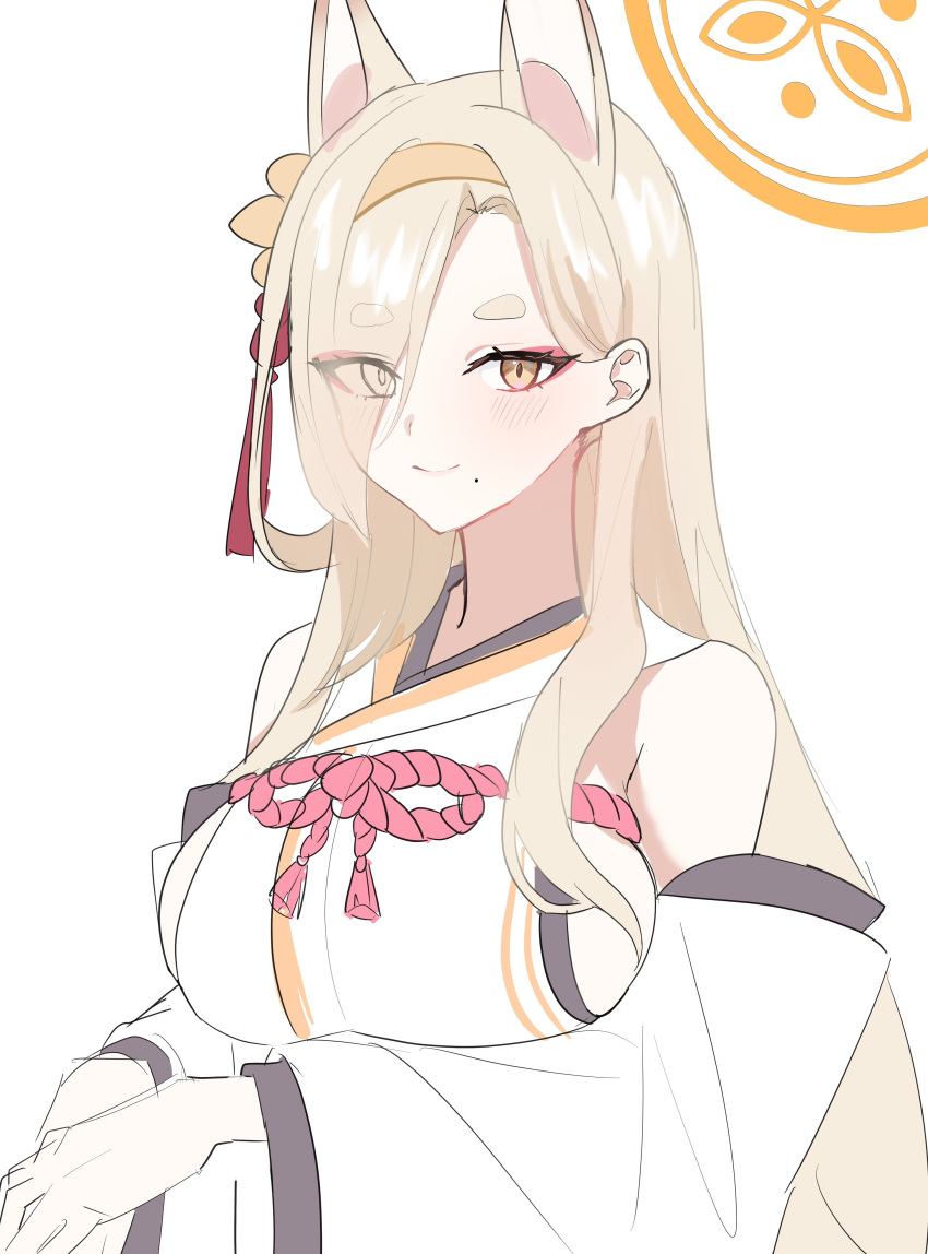 1girl absurdres animal_ears blonde_hair blue_archive character_request extra_ears eyeliner hair_over_one_eye halo highres makeup mole mole_under_mouth mutsu_6256 orange_eyes orange_halo red_eyeliner red_rope robe rope simple_background solo upper_body white_background white_robe