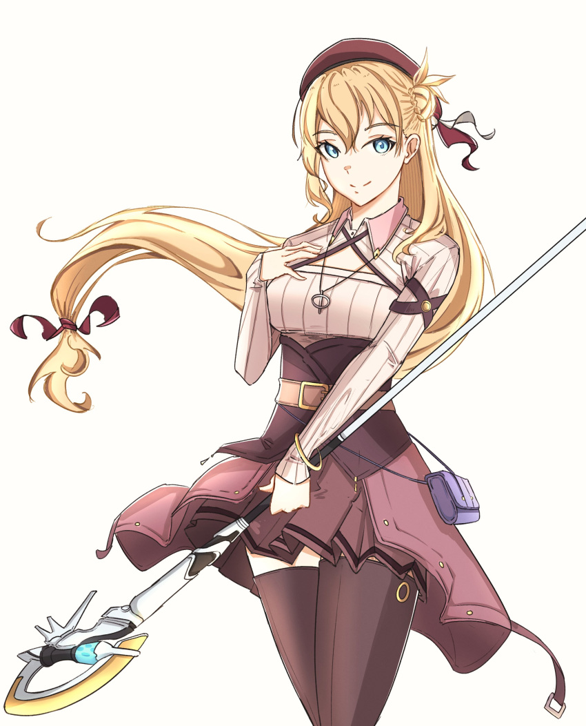 1girl absurdres agnes_claudel bag beret blonde_hair braid braided_bun breasts double-parted_bangs eiyuu_densetsu floating_hair green_eyes hair_between_eyes hair_bun handbag hat highres holding holding_staff holding_weapon jewelry kuro_no_kiseki looking_at_viewer low_ponytail mage_staff medium_breasts nyuusai pendant sidelocks simple_background single_side_bun smile solo staff thigh-highs weapon white_background