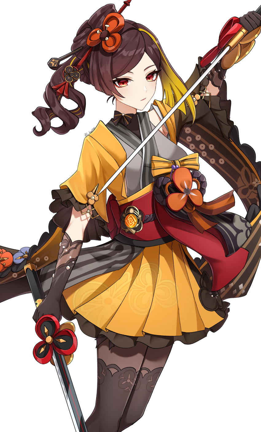 1girl absurdres black_pantyhose brown_hair chiori_(genshin_impact) commentary_request dual_wielding feet_out_of_frame genshin_impact grey_kimono hair_ornament hair_stick haori highres holding holding_sword holding_weapon japanese_clothes katana kimono looking_at_viewer medium_hair miniskirt obi pantyhose ponytail red_eyes red_sash sash short_sleeves simple_background skirt solo standing sword weapon white_background yellow_skirt zack_(z_kuu0720)