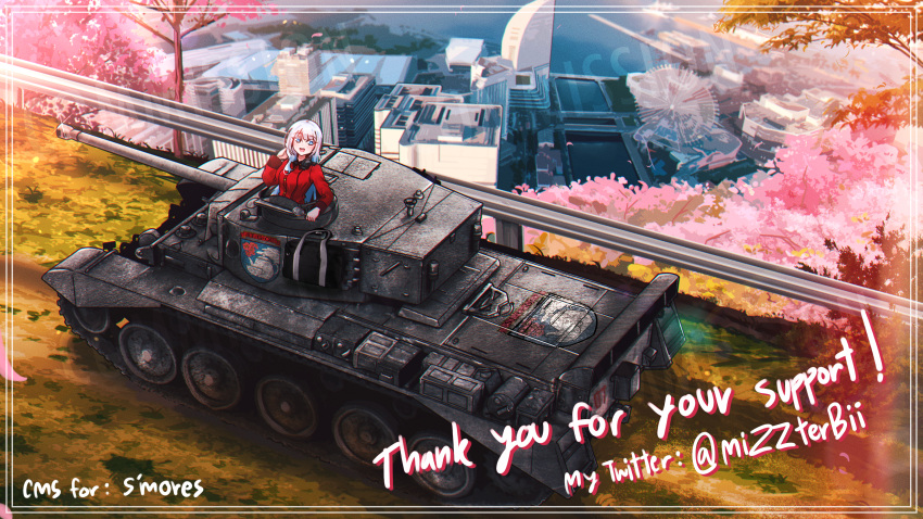 1girl absurdres blue_eyes border city commentary day emblem english_commentary english_text grey_hair guard_rail hand_in_own_hair highres jacket long_sleeves looking_at_viewer military_vehicle mizzterbii motor_vehicle open_mouth original outdoors red_jacket smile solo st._gloriana's_(emblem) st._gloriana's_military_uniform tank twitter_username vehicle_focus vehicle_request white_border