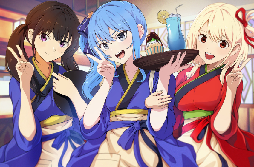 3girls :d absurdres apron black_hair blonde_hair blue_eyes blue_hair blue_kimono bob_cut breasts cafe commentary_request crossover cup dessert drink drinking_glass drinking_straw food fruit hair_ribbon highres holding holding_plate hololive hoshimachi_suisei inoue_takina japanese_clothes kimono konbanwa01 large_breasts lemon lemon_slice looking_at_viewer lycoris_recoil lycoris_uniform multiple_girls nishikigi_chisato obi open_mouth plate red_eyes ribbon sash short_hair side_ponytail small_breasts smile twintails v violet_eyes virtual_youtuber waitress