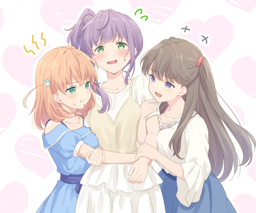 +++ 3girls aqua_eyes blue_dress blue_ribbon blue_skirt blush breast_press brown_hair collarbone commentary_request dress eye_contact flying_sweatdrops frilled_dress frills fujishima_megumi green_eyes hair_ornament hair_tie hands_on_another's_arm heart heart_background high_side_ponytail highres hinoshita_kaho light_blush link!_like!_love_live! lone_nape_hair long_hair looking_at_another love_live! love_triangle medium_hair multiple_girls nervous_smile off-shoulder_dress off_shoulder orange_hair otomune_kozue purple_hair rabbit_hair_ornament ribbon shirt short_hair shout_lines sidelocks skirt smile striped_clothes striped_dress twintails very_long_hair violet_eyes white_dress white_shirt yuri yutuki_ame