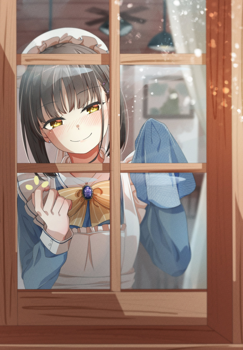 1girl absurdres apron black_hair blue_shirt blush bow breasts bright_pupils c: cafe_stella_to_shinigami_no_chou closed_mouth commentary day earrings film_grain gem hair_between_eyes hair_bun hair_ornament hairclip half-closed_eyes hands_up happy haribo_no_suke hat head_tilt highres indoors jewelry long_sleeves looking_at_viewer maid maid_apron medium_breasts mob_cap mole mole_under_eye nose_blush purple_gemstone shiki_natsume shirt single_hair_bun smile solo split_mouth striped_bow stud_earrings upper_body white_apron white_hat window yellow_bow yellow_eyes