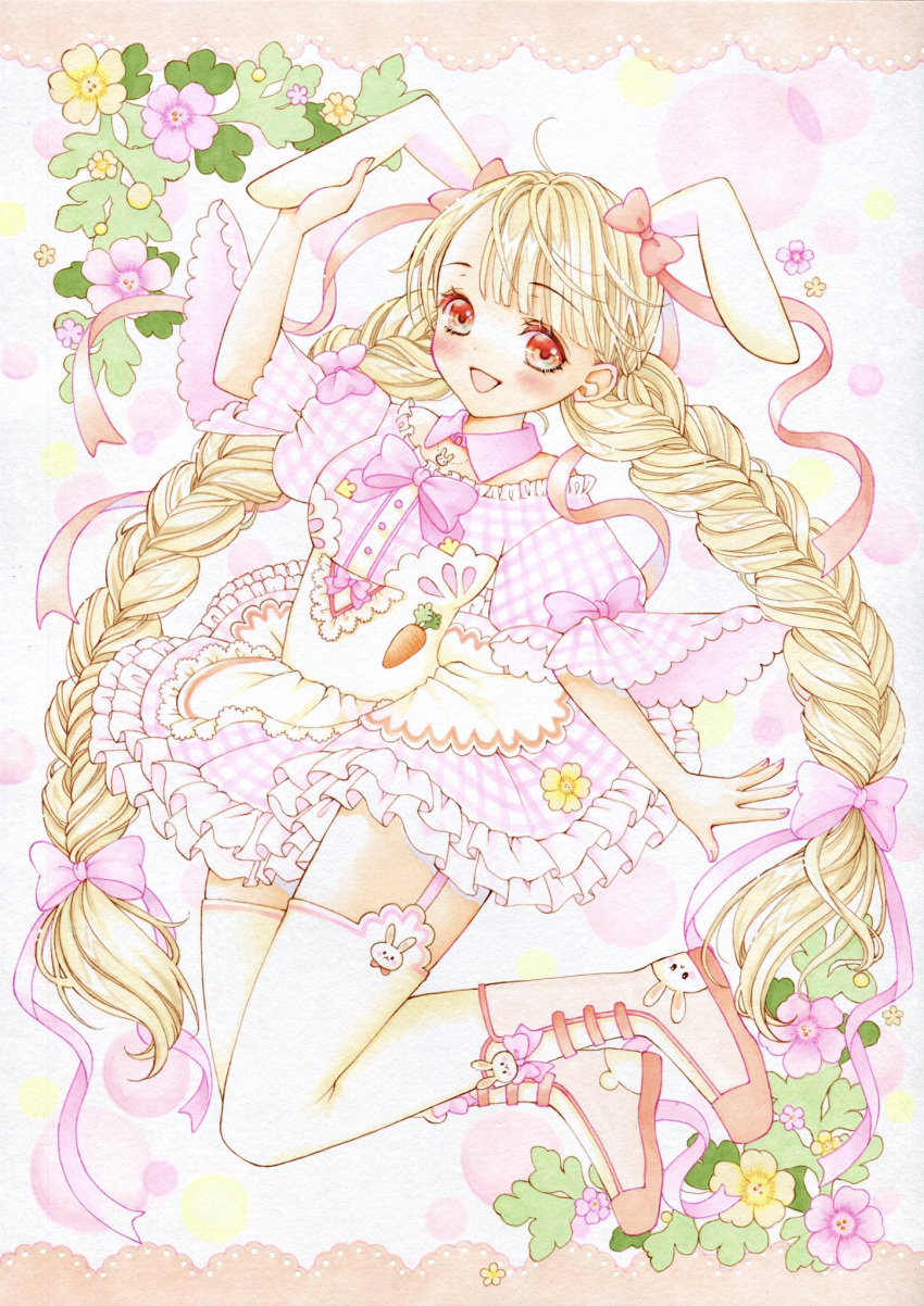 1girl :d animal_ears apron blonde_hair blush bow braid collar detached_collar dress earrings flower frilled_dress frills full_body garter_straps hair_bow hair_ribbon highres jewelry long_hair looking_at_viewer open_mouth original painting_(medium) pink_bow pink_dress pink_ribbon plaid plaid_dress puffy_sleeves rabbit_ears red_eyes ribbon short_sleeves smile solo thigh-highs traditional_media twin_braids twintails very_long_hair watercolor_(medium) white_thighhighs xkotonohax
