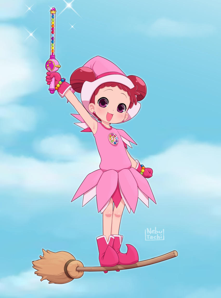 1girl :d arm_at_side arm_up armpits artist_name bead_bracelet beads blue_sky boots bracelet broom broom_surfing child clenched_hand double_bun dress earrings english_commentary full_body gloves hair_bun happy harukaze_doremi hat highres holding holding_wand jewelry looking_at_viewer magical_girl mixed-language_commentary ojamajo_doremi open_mouth pink_dress pink_eyes pink_footwear pink_gloves pink_hat pinkbunnyjuice pointy_footwear raised_eyebrows redhead short_hair short_sleeves sky smile solo sparkle standing wand witch_hat