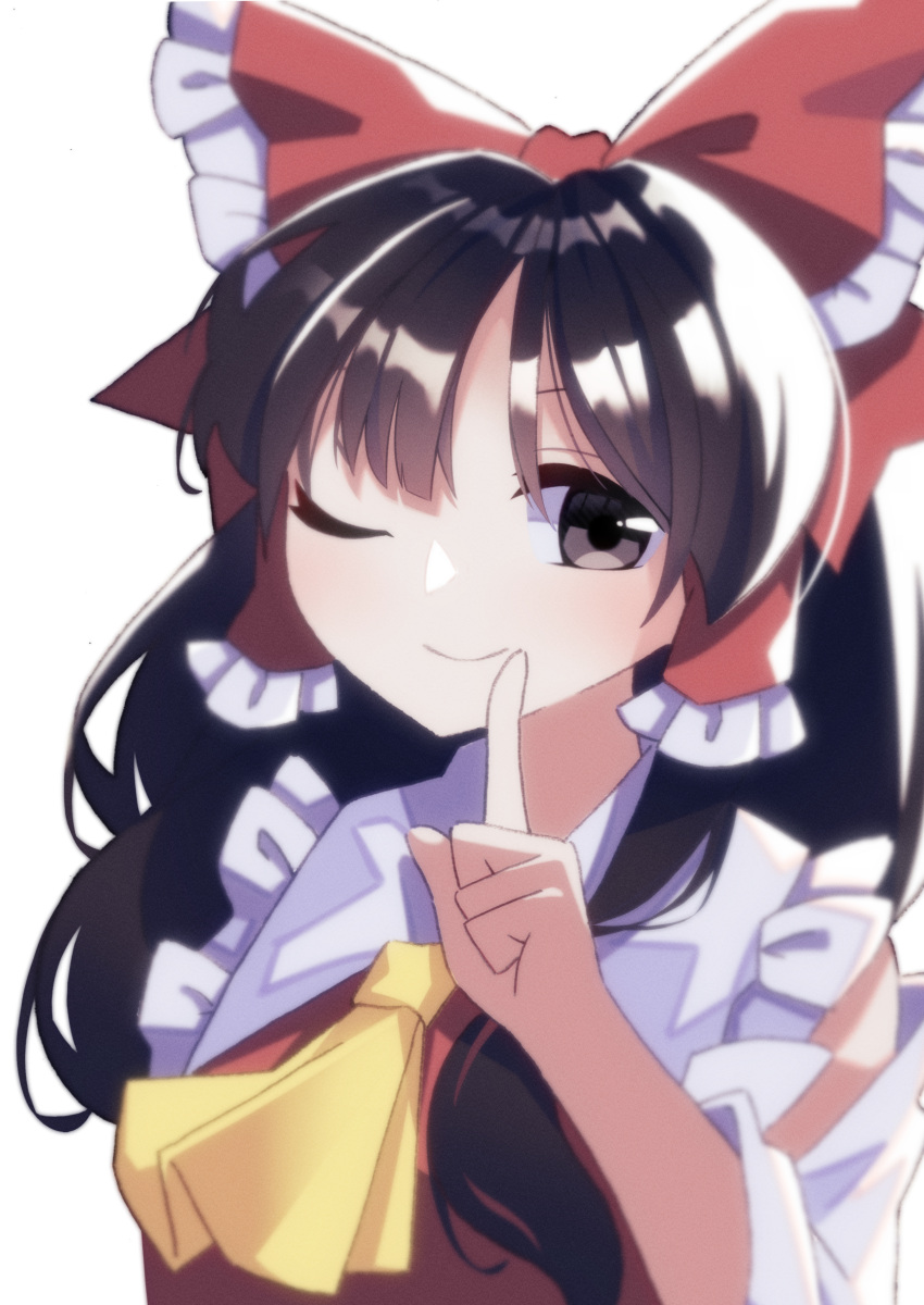 1girl absurdres ascot bow brown_eyes brown_hair closed_mouth collared_shirt commentary_request finger_to_mouth frilled_bow frilled_hair_tubes frilled_shirt_collar frills hair_bow hair_tubes hakurei_reimu hand_up highres long_hair looking_at_another looking_at_viewer one_eye_closed red_bow red_shirt shirt shishidonagi sidelocks simple_background smile solo touhou upper_body white_background yellow_ascot