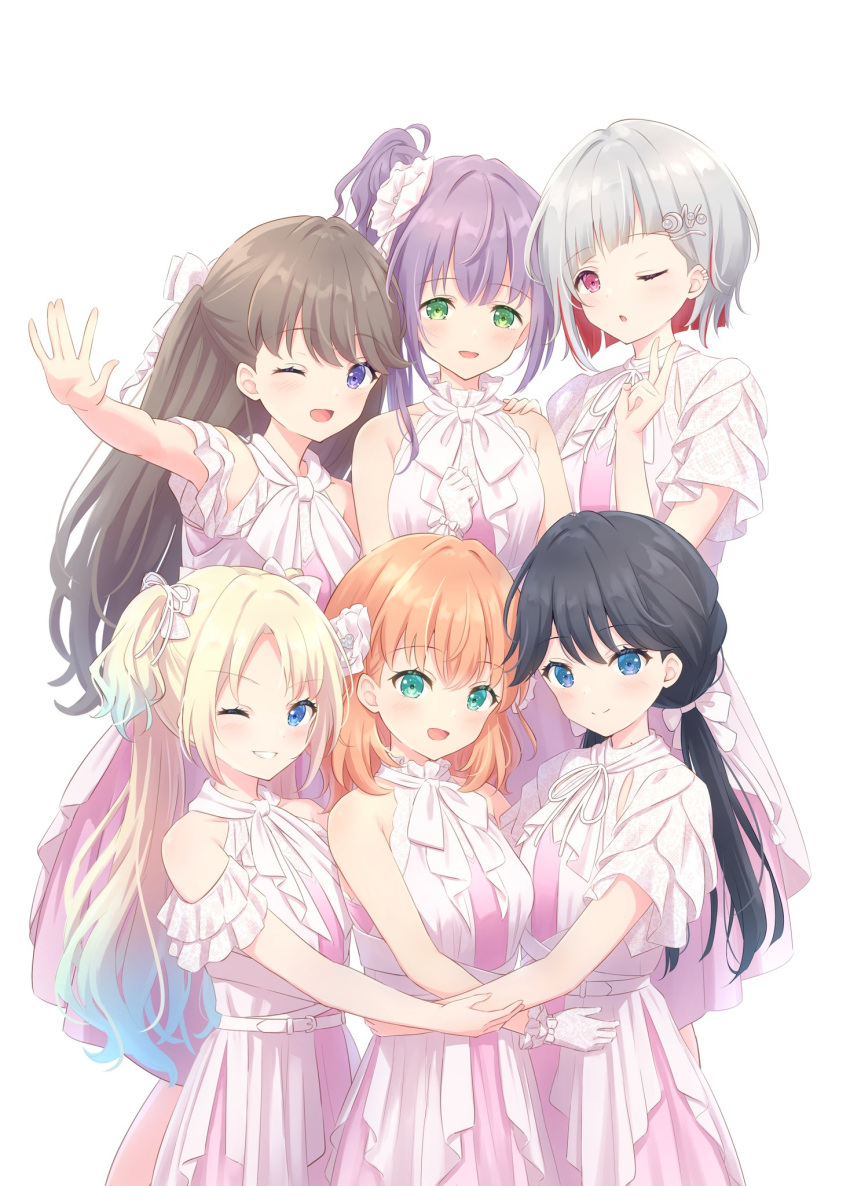 6+girls :d ;d ;o \||/ aqua_eyes black_hair blonde_hair blue_eyes blue_hair bob_cut bow brown_hair clenched_hand closed_mouth colored_inner_hair commentary_request crossed_bangs diagonal_bangs dress frilled_gloves frills fujishima_megumi gloves gradient_dress gradient_hair green_eyes grey_hair grin group_hug hair_bow hair_bun hair_ornament hair_ribbon hairclip hand_on_another's_shoulder highres hinoshita_kaho hug inverted_bob layered_dress light_blue_hair light_blush link!_like!_love_live! link_to_the_future_(love_live!) long_hair looking_at_viewer love_live! low_twintails medium_hair mole mole_on_neck multicolored_hair multiple_girls murano_sayaka neck_ribbon one_eye_closed open_mouth orange_hair osawa_rurino otomune_kozue outstretched_arm parted_bangs pearl_hair_ornament pink_dress purple_hair red_eyes redhead ribbon short_hair short_sleeves side_ponytail sidelocks simple_background single_side_bun sleeveless sleeveless_dress smile split_mouth streaked_hair twintails two_side_up v violet_eyes virtual_youtuber white_background white_bow white_dress white_gloves white_ribbon yugiri_tsuzuri yutuki_ame
