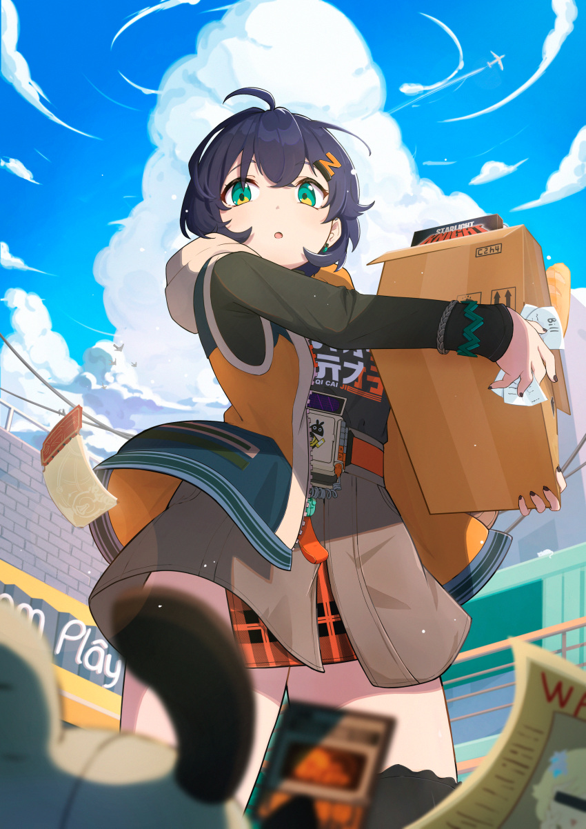 1girl absurdres aircraft airplane black_hair blue_sky blurry box cardboard_box character_request clouds cumulonimbus_cloud day depth_of_field from_below green_eyes highres holding holding_box jacket long_sleeves open_clothes open_jacket open_mouth orange_jacket orange_shirt outdoors shirt skadi_(user_eecu2455) sky solo zenless_zone_zero