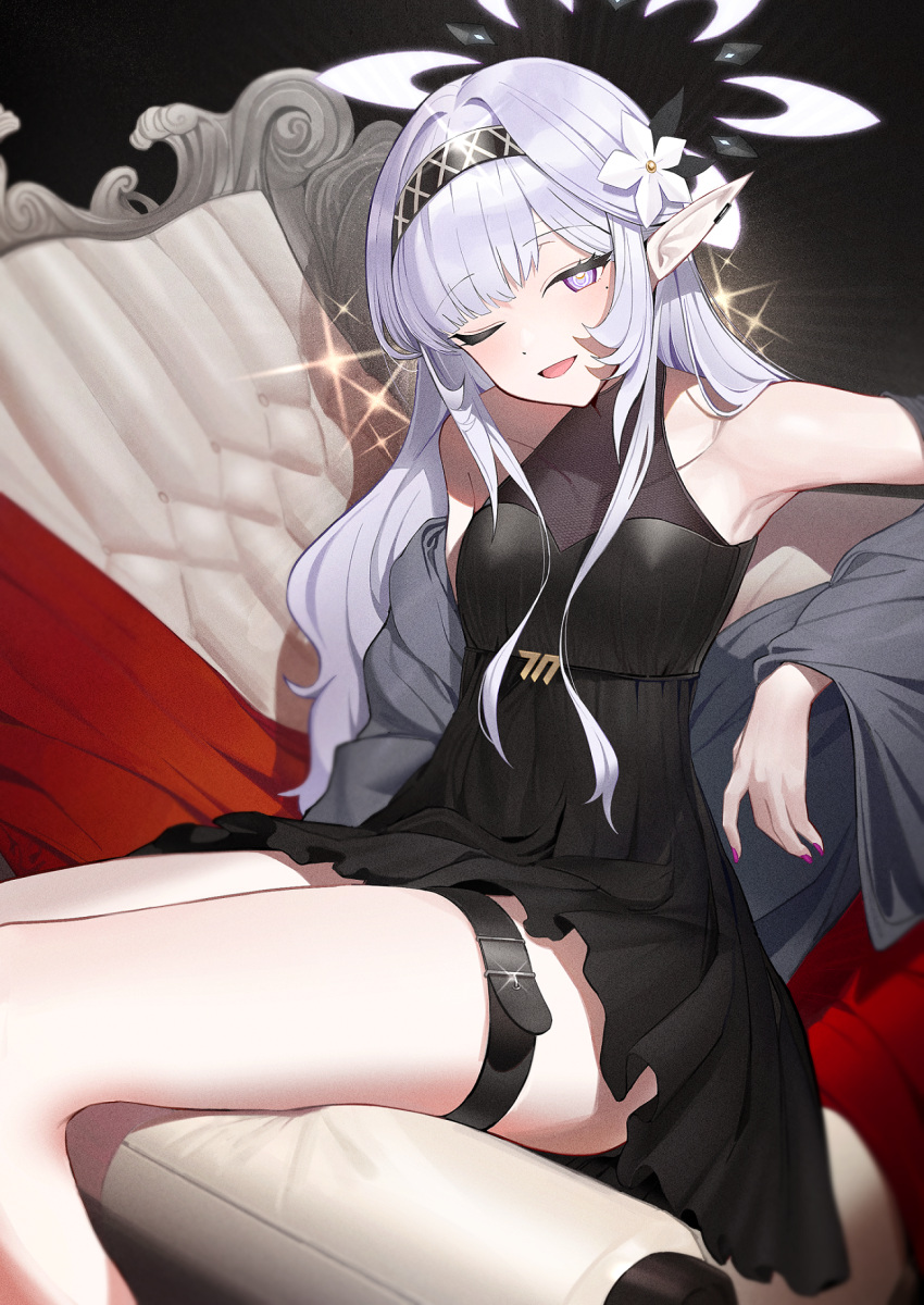 1girl alternate_costume belt black_dress black_hairband blue_archive blush breasts collarbone dress feet_out_of_frame flower grey_hair hair_flower hair_ornament hairband halo highres himari_(blue_archive) long_hair looking_at_viewer mole mole_under_eye one_eye_closed open_mouth pointy_ears purple_halo sitting sleeveless sleeveless_dress small_breasts smile solo striped_clothes striped_hairband thigh_belt thigh_strap violet_eyes white_flower zanya_000