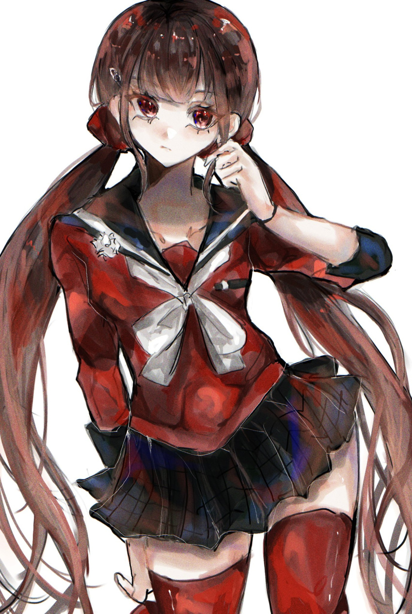 1girl arm_at_side brown_hair contrapposto danganronpa_(series) danganronpa_v3:_killing_harmony hair_ornament hair_scrunchie hand_up harukawa_maki highres long_hair long_sleeves looking_at_viewer low_twintails pi_no_(qqy6xxf8zxmbvyy) pleated_skirt red_eyes red_scrunchie red_shirt red_thighhighs sailor_collar school_uniform scrunchie shirt skirt solo thigh-highs twintails