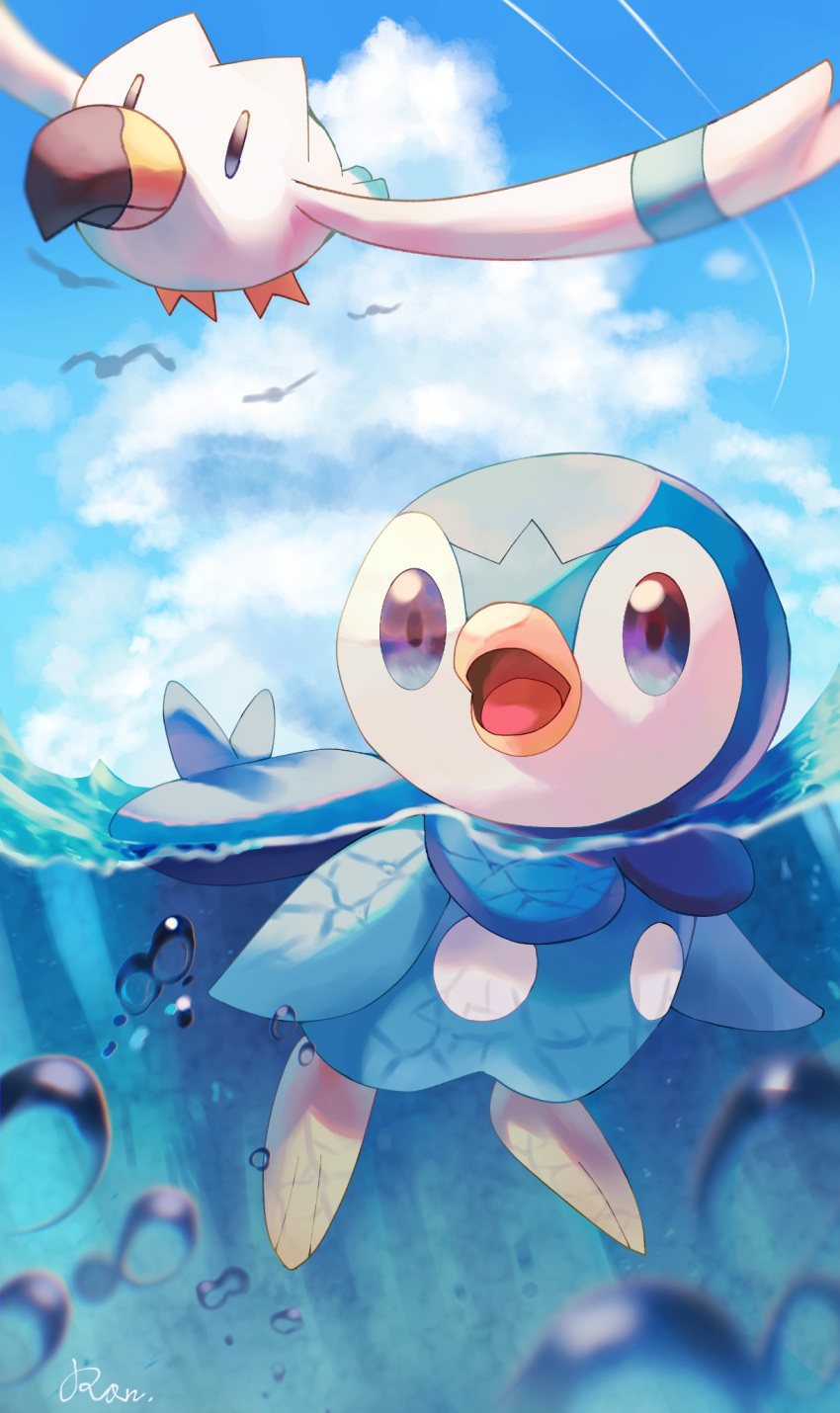 afloat beak bird blue_eyes blue_sky bubble clouds commentary_request highres open_mouth outdoors partially_underwater_shot penguin piplup pokemon pokemon_(creature) rongai28 seagull sky wings wingull