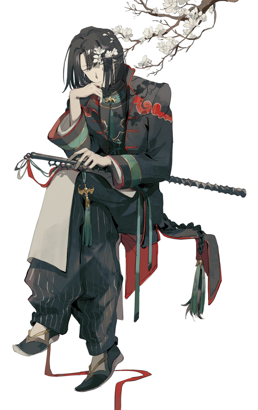 1boy black_coat black_hair black_pants black_shirt blunt_ends chinese_clothes coat fate/grand_order fate_(series) hanfu head_rest highres holding holding_sword holding_weapon light_smile long_sleeves looking_at_viewer male_focus mimulishizi one_eye_closed pants sandals sheath sheathed shirt simple_background solo striped_clothes striped_pants sword tai_gong_wang_(fate) tassel weapon white_background yellow_eyes