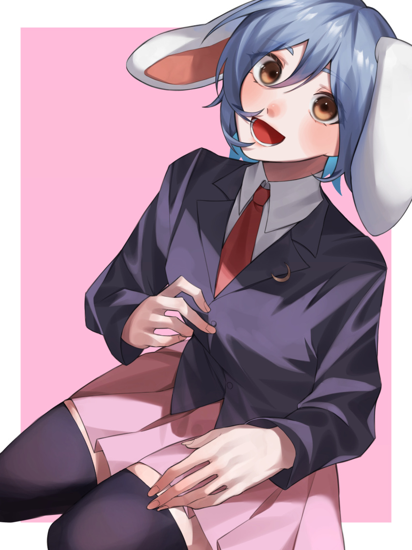 1girl :d absurdres animal_ears black_jacket black_thighhighs blazer blue_hair blush breasts brown_eyes collared_shirt commentary_request crescent crescent_pin dutch_angle fingernails full_body hair_between_eyes highres jacket long_bangs long_sleeves looking_at_viewer lower_teeth_only nasu1225 necktie open_mouth pink_background pink_skirt pleated_skirt rabbit_ears rabbit_girl red_necktie reisen_(touhou_bougetsushou) seiza shirt short_hair simple_background sitting skirt small_breasts smile solo teeth thigh-highs touhou two-tone_background white_background white_shirt