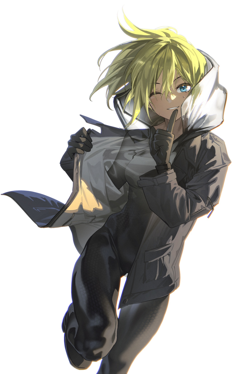 1girl black_bodysuit black_jacket blonde_hair blue_eyes bodysuit breasts cowboy_shot english_commentary finger_to_mouth floating_hair highres hood hooded_jacket jacket leg_up looking_at_viewer one_eye_closed open_clothes open_jacket optical_camouflage original parted_lips rff_(3_percent) short_hair shushing simple_background smile solo straight-on sweatdrop white_background