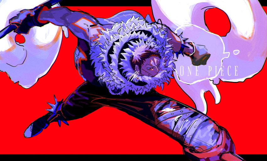 1boy azisaiharumaki56 black_gloves charlotte_katakuri copyright_name doughnut food gloves highres holding holding_weapon letterboxed male_focus one_piece pants red_background short_hair sleeveless sleeveless_jacket solo stitched_face stitched_mouth stitches v-shaped_eyebrows weapon