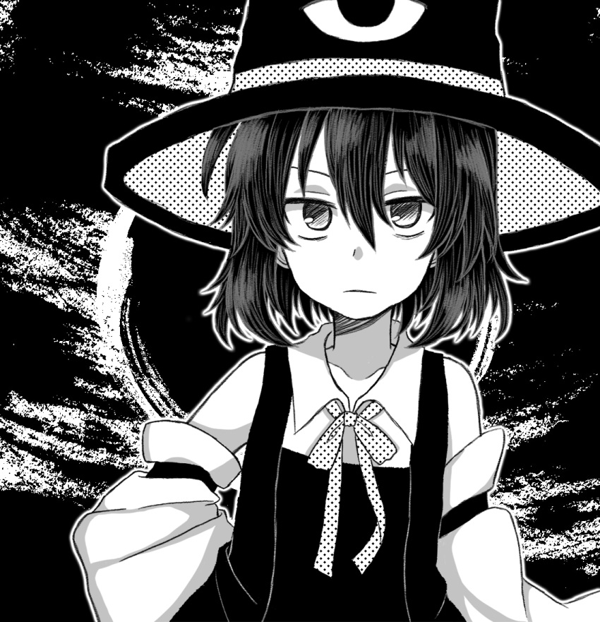 1other androgynous bags_under_eyes bare_shoulders black_background border clip_studio_paint_(medium) closed_mouth collarbone collared_shirt commentary detached_sleeves english_commentary enraku_tsubakura expressionless hair_between_eyes hand_on_own_hip hat len'en light_frown long_sleeves looking_at_viewer medium_hair monochrome other_focus polka_dot_bowtie polka_dot_headwear shirt simple_background sleeve_garter sleeveless sleeveless_shirt solo top_hat two-sided_fabric two-sided_headwear upper_body vest white_border ximsol182