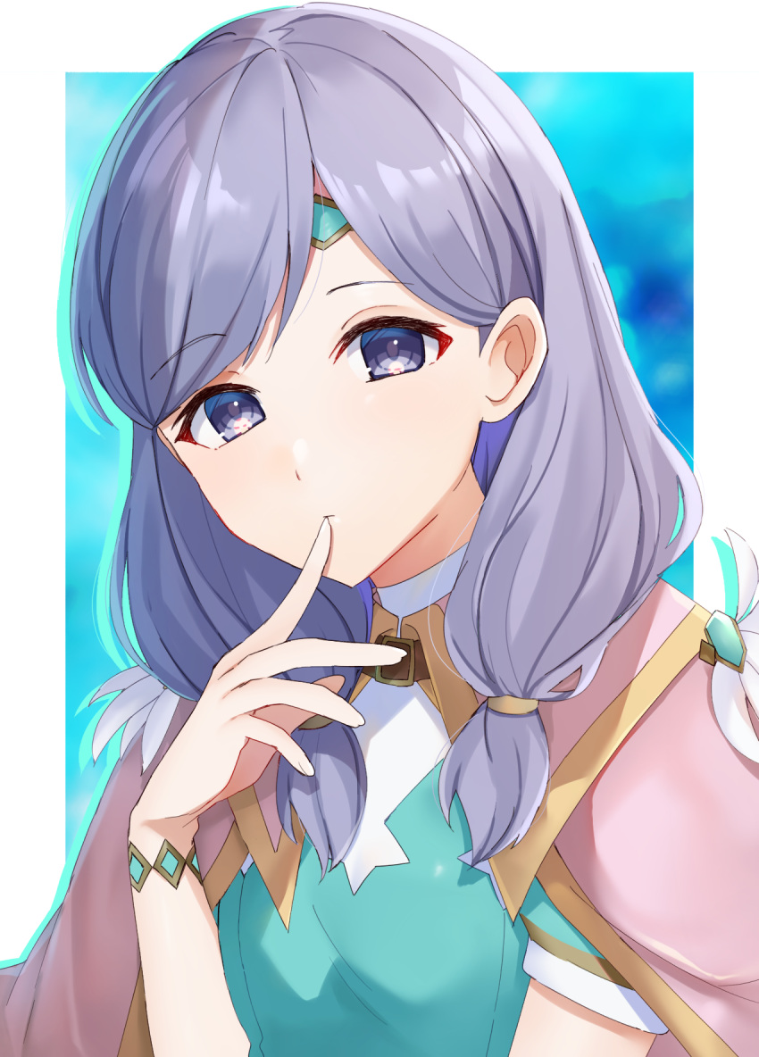 1girl blue_shirt border bracelet capelet closed_mouth edamameoka finger_to_mouth fire_emblem fire_emblem:_path_of_radiance headband highres ilyana_(fire_emblem) jewelry long_hair looking_at_viewer pink_capelet purple_hair shirt short_sleeves solo upper_body violet_eyes white_border